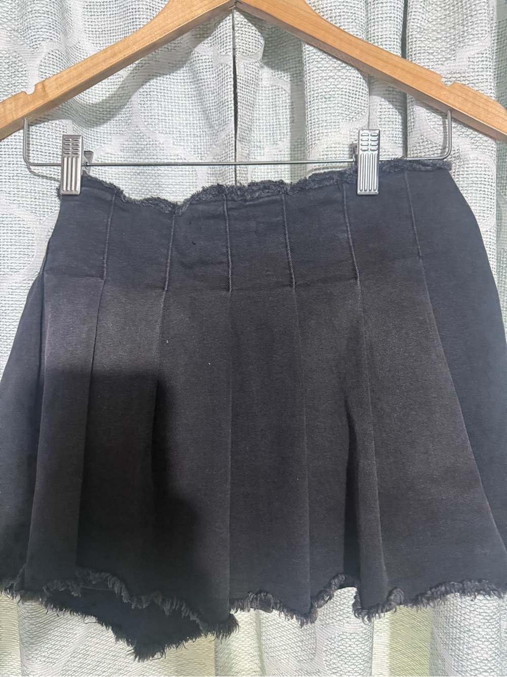 Black Pleated Mini Skirt with Frayed Hem - Women